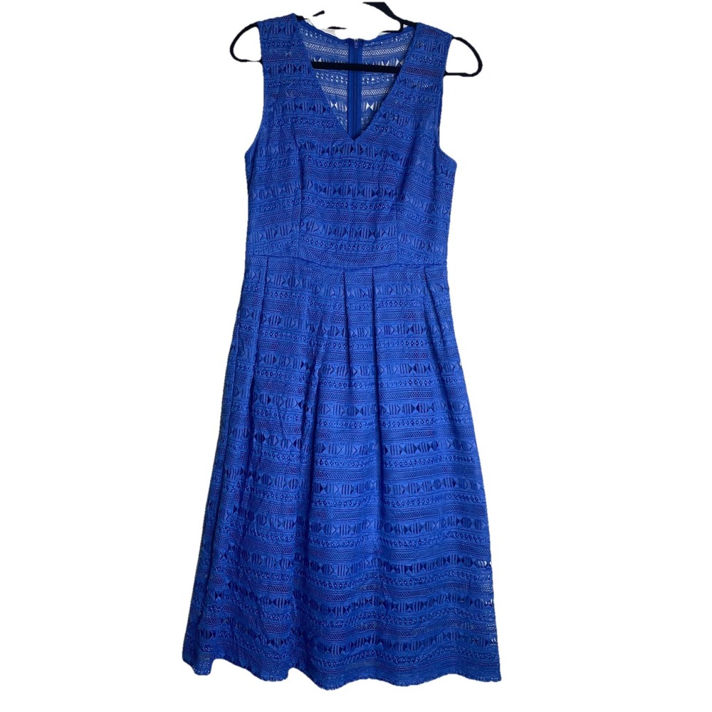 Anthropologie Hutch Royal Blue Eyelet Lace Midi Dress Sleeveless Pleated Size 6